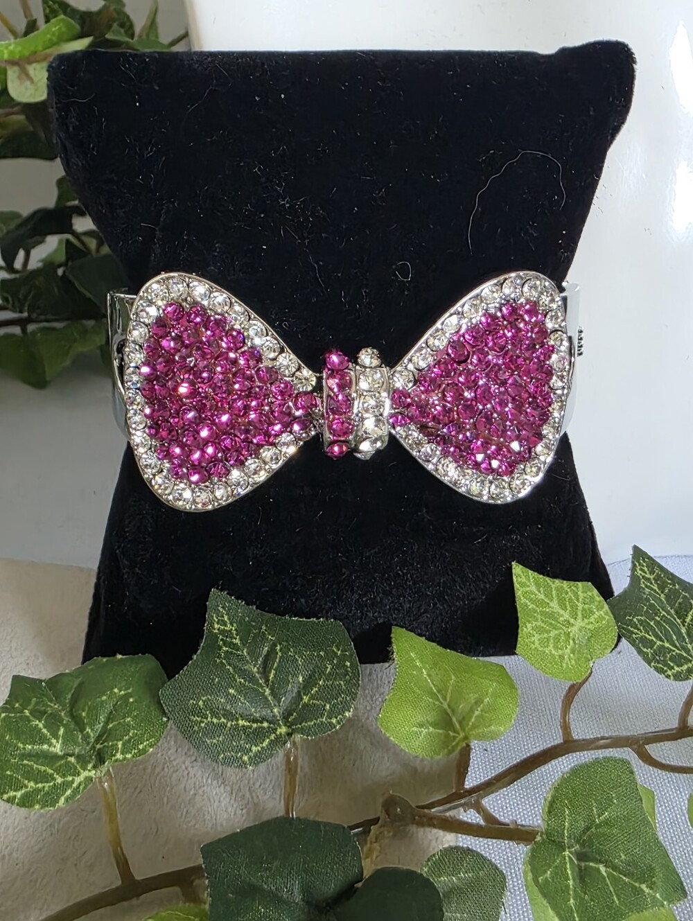 Magenta Pink Rhinestone Bow Hinge Bangle Bracelet
